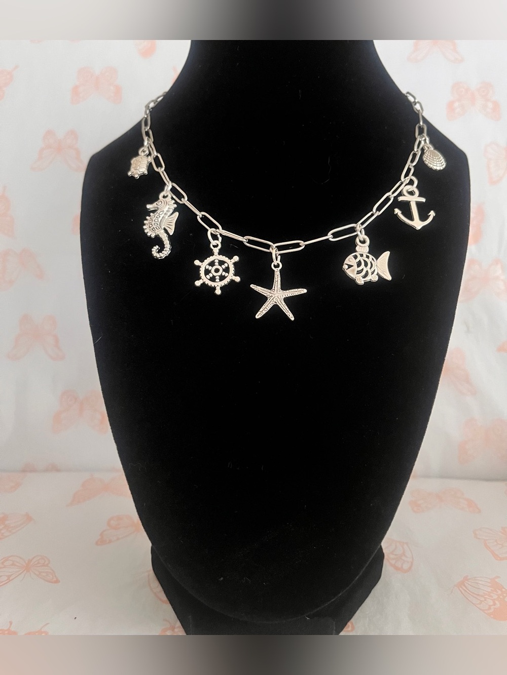 Silver Nautical Charm Necklace | Starfish, Seahorse, Turtle & Anchor Paperclip
